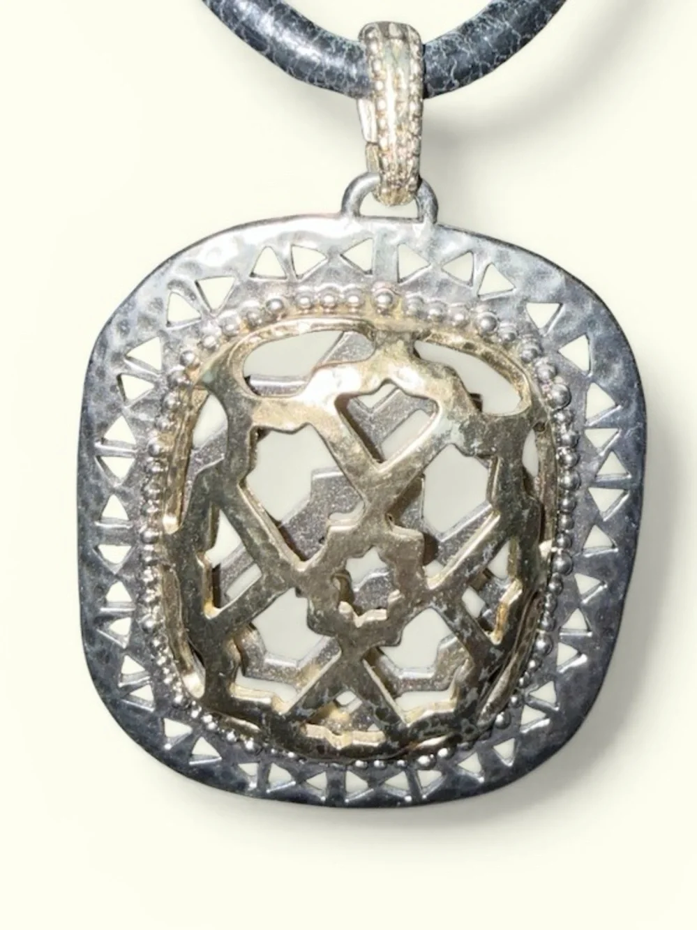 🔥Chico’s Statement Pendant Necklace | Black Leather Cord Silvertone Openwork